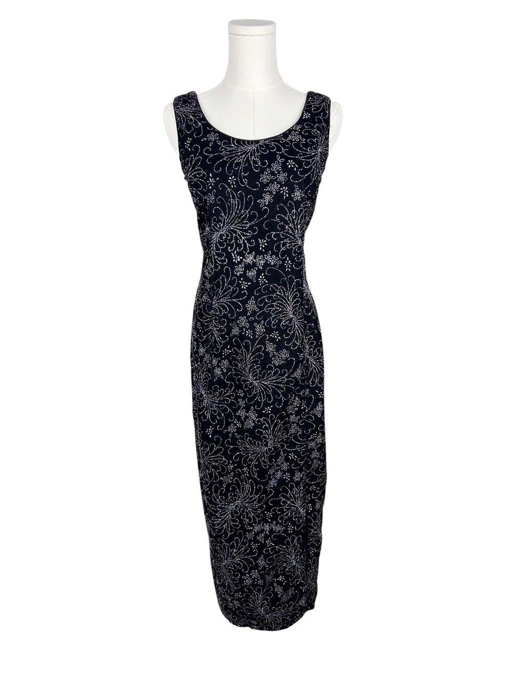 Jessica McClintock Black Velvet Floral Sparkly Sleeveless Bottom Slit Maxi Dress
